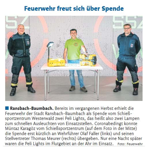 Pressebericht vom 25. August 2021, Westerwälder Zeitung (Seite 18): Feuerwehr freut sich über Spende