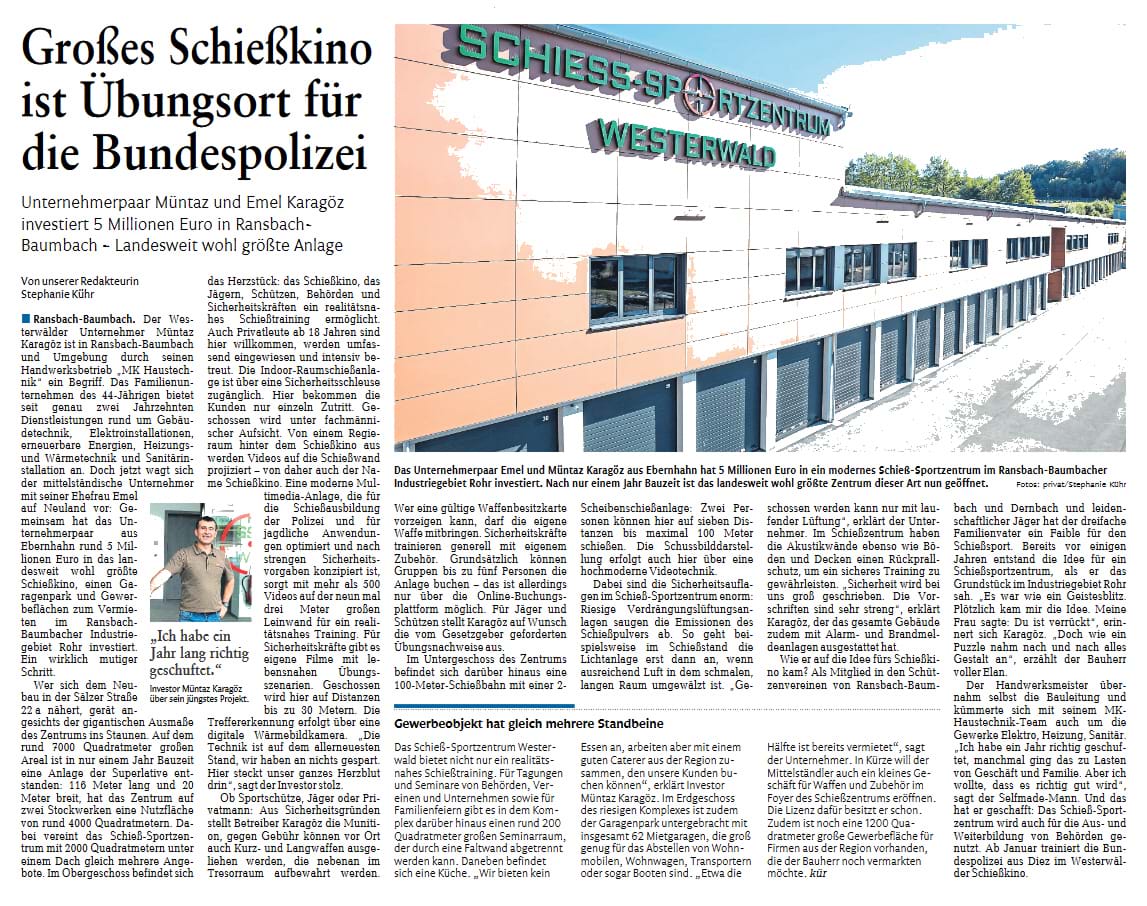 Pressebericht vom 18. September 2020, Westerwälder Zeitung (Seite 21, Redakteurin: Dr. Stephanie Kühr): Großes Schießkino ist Übungsort für die Bundespolizei