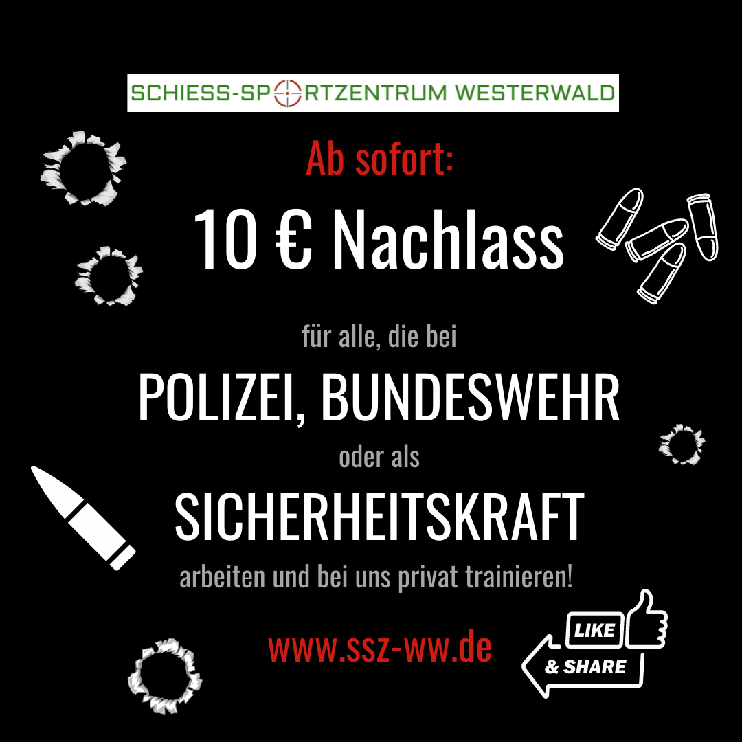 10 Euro Nachlass für alle, die bei Polizei, Bundeswehr oder als Sicherheitskraft arbeiten und bei uns privat trainieren.
