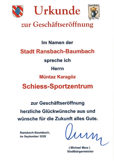 "Urkunde zur Geschäftseröffnung" des SSZ Schiess-Sportzentrum Westerwald in Ransbach-Baumbach