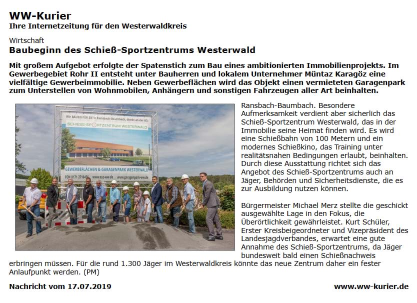 Pressebericht vom 17. Juli 2019, Westerwald Kurier - WW-Kurier - Internetzeitung für den Westerwaldkreis: Baubeginn des Schieß-Sportzentrums Westerwald